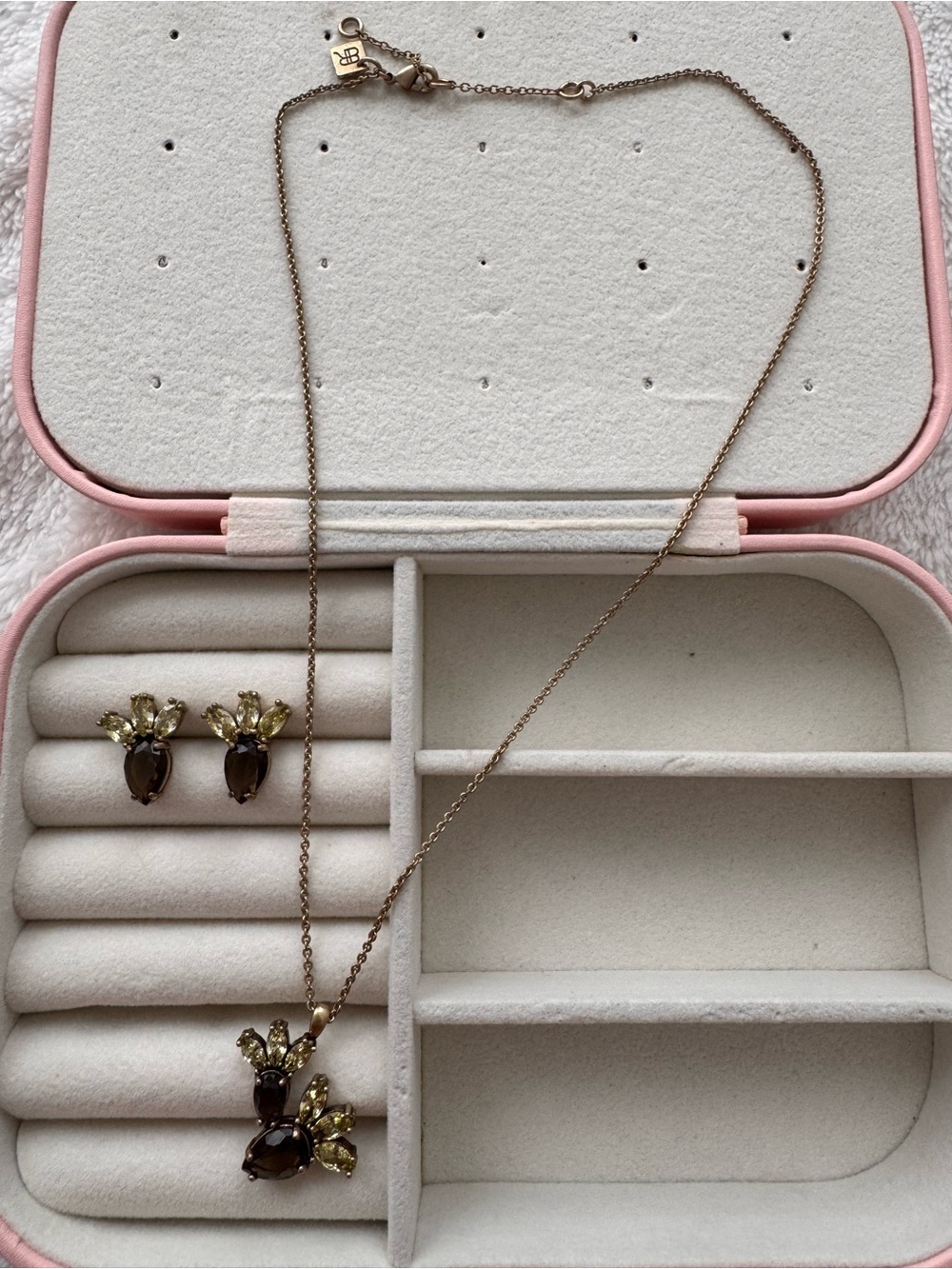 Delicate Brown & Gold Plated Crystal Pendant Necklace and Stud Earrings Set
